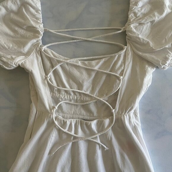 Louna Cotton Lace Up Milkmaid Style Cream Short Sleeve A-Line Mini Dress - Picture 5 of 8